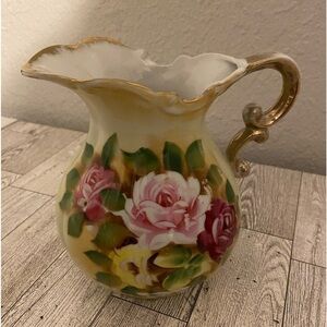 Japan Floral Gold Gilt Pitcher Hand Painted Victorian Style Porcelain 6"h E